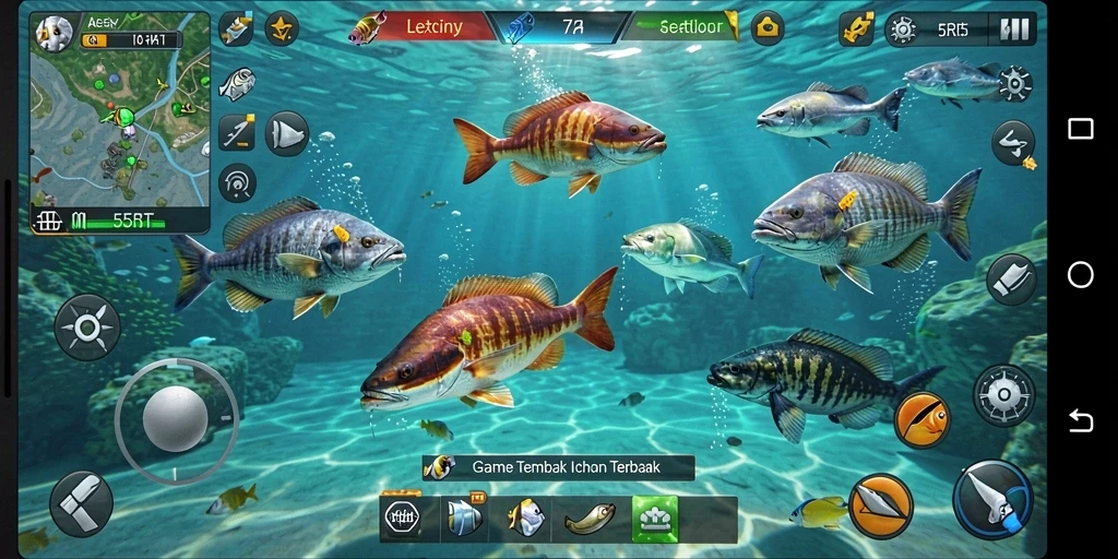 Tangkapan layar gameplay 55RT yang mendebarkan saat menembak ikan.