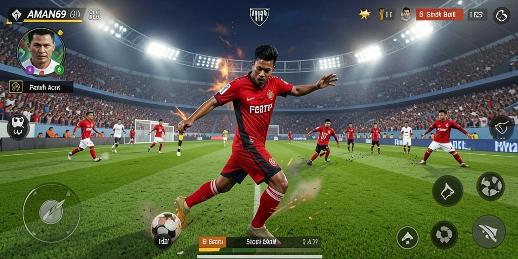 Tampilan aksi seru dalam gameplay sepak bola AMAN69.