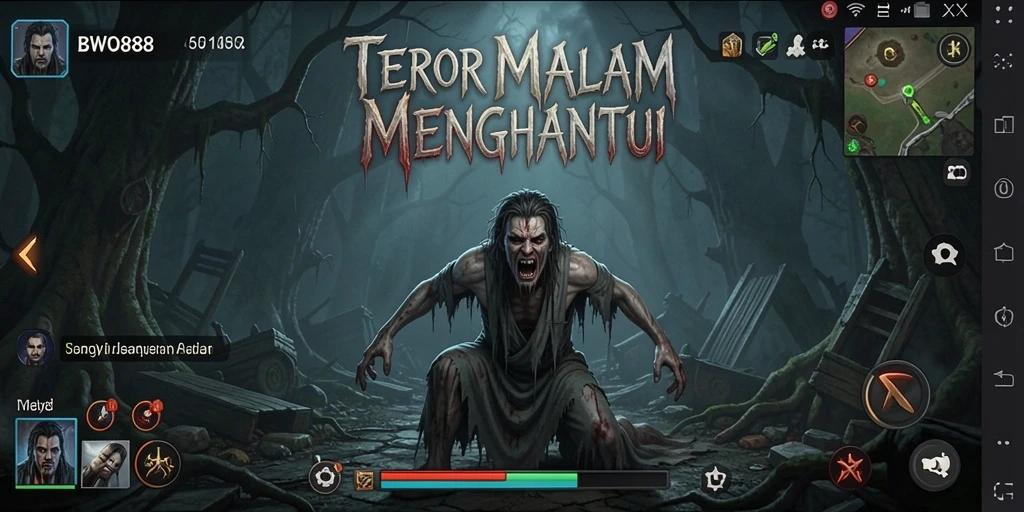 Gameplay BWO888 menampilkan kegelapan yang menakutkan dan suasana mencekam.