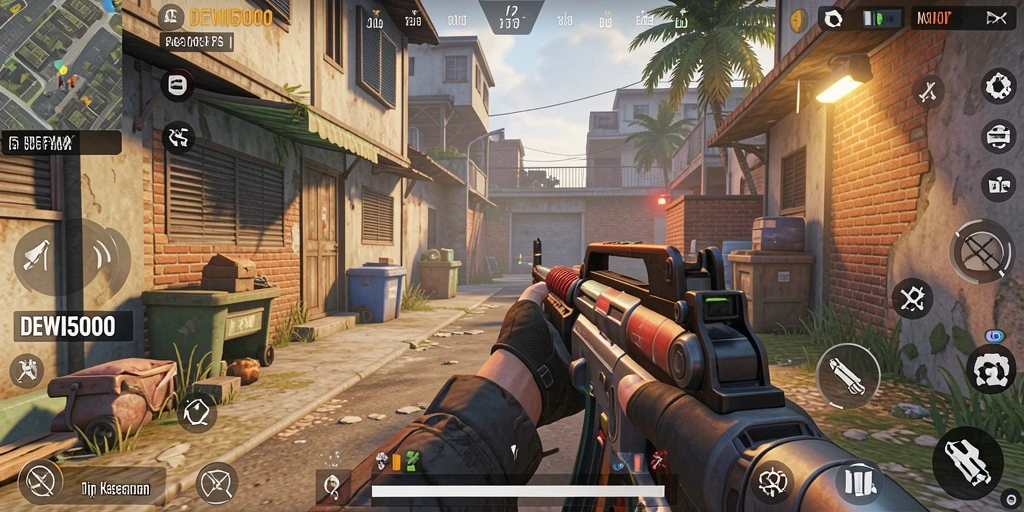 Tangkapan layar gameplay DEWI5000 dengan aksi menembak yang mendebarkan.