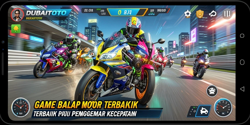 Screenshot gameplay DUBAITOTO yang menampilkan aksi balapan motor yang seru.