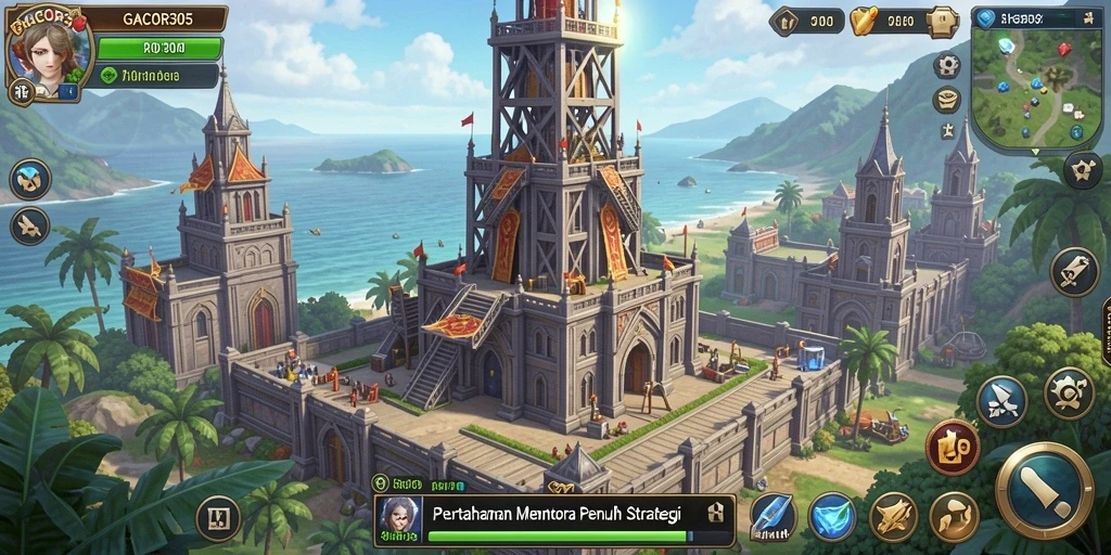 Tampilan gameplay GACOR305 dengan menara yang strategis dan musuh yang menyerang.