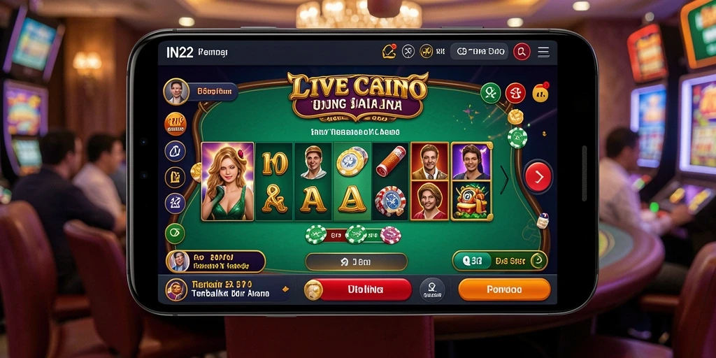Tangkapan layar gameplay IN22 menunjukkan dealer Live Casino yang profesional dan suasana permainan yang menarik.