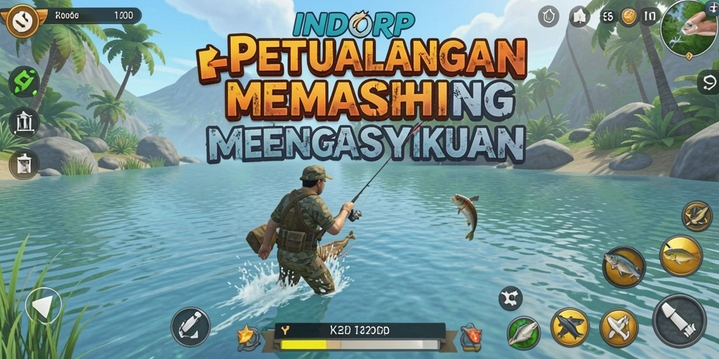 Tampilan gameplay INDORP menunjukkan petualangan memancing yang menegangkan.