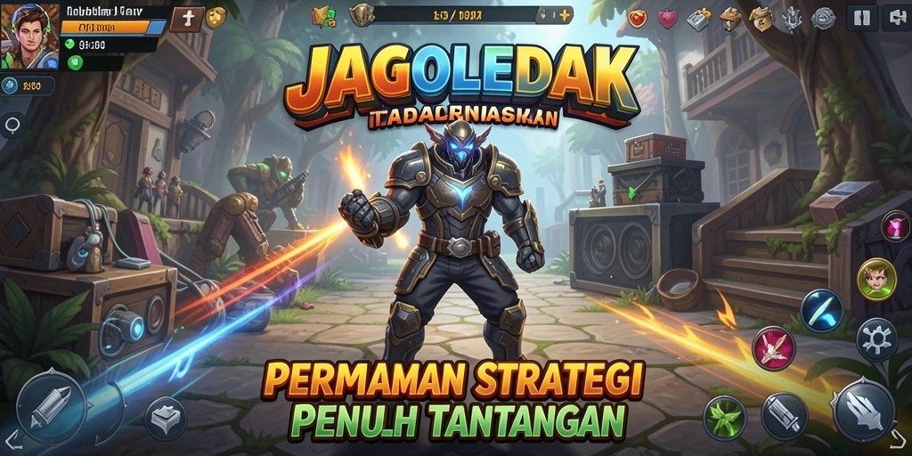 Screenshot utama JAGOLEDAK menampilkan pertempuran strategi yang intens.
