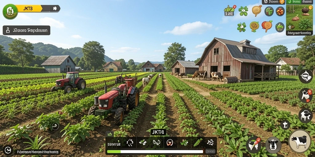 Screenshot gameplay JKT8 menunjukkan aktivitas pertanian yang seru.