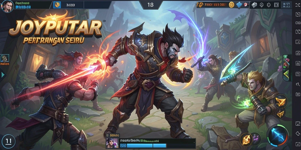 Tampilan gameplay seru dari JOYPUTAR, pertempuran strategis antara pahlawan.