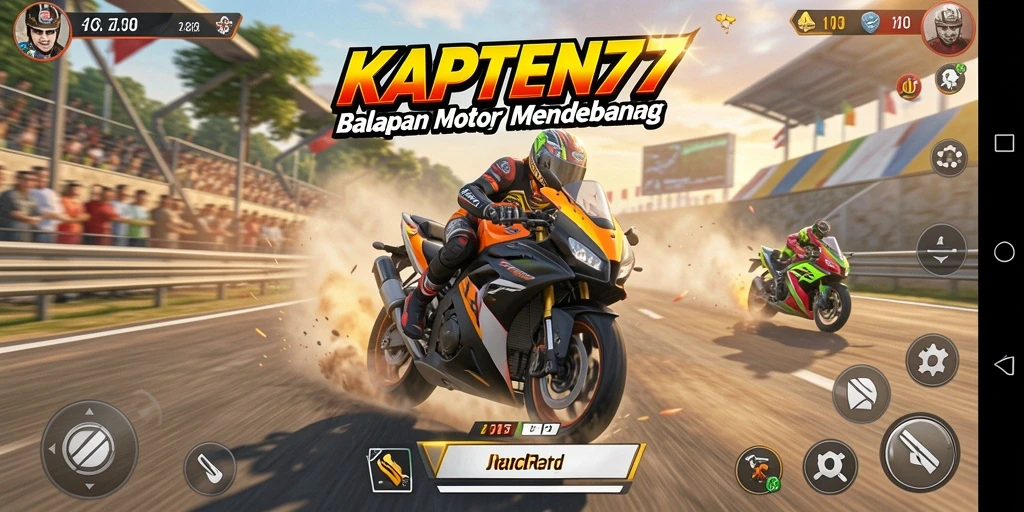 Tampilan gameplay KAPTEN77 dengan motor yang melaju kencang di lintasan balap.