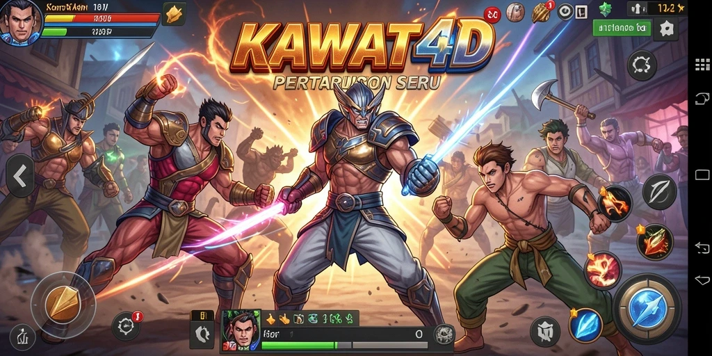 Tangkapan layar gameplay KAWAT4D menampilkan petarungan epik dengan karakter yang beragam.