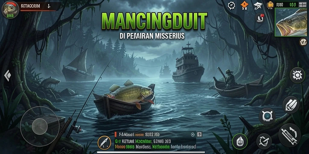 Screenshot gameplay MANCINGDUIT yang menakutkan saat memancing di malam hari.