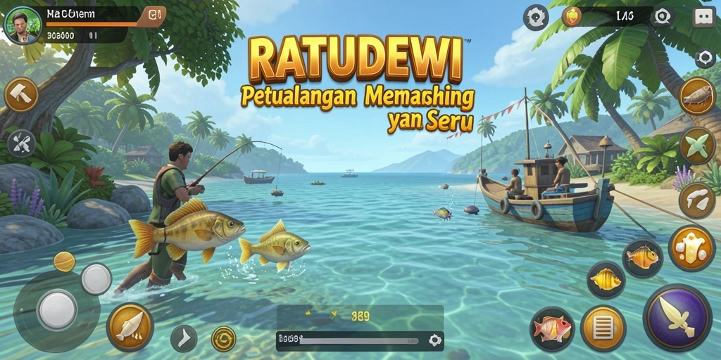 Screenshot gameplay RATUDEWI menampilkan aksi memancing yang mendebarkan.