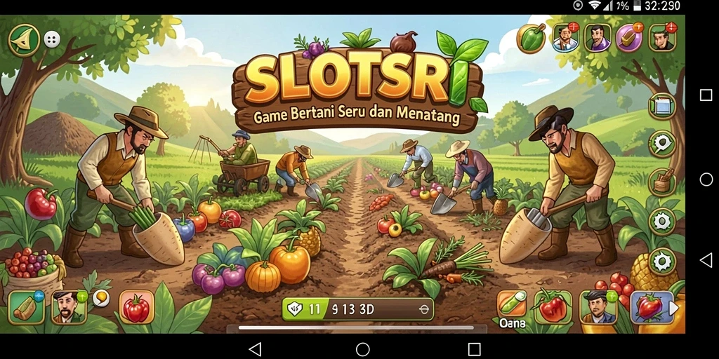 Screenshot gameplay SLOTSRI yang menunjukkan aktivitas bertani yang seru.