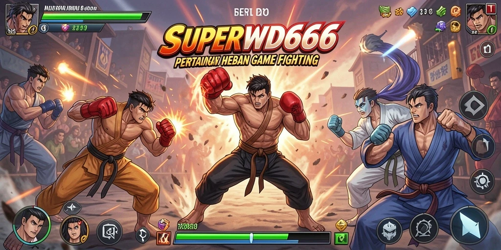 Tangkapan layar SUPERWD666 menunjukkan karakter dalam pertarungan dengan latar belakang yang menakjubkan.